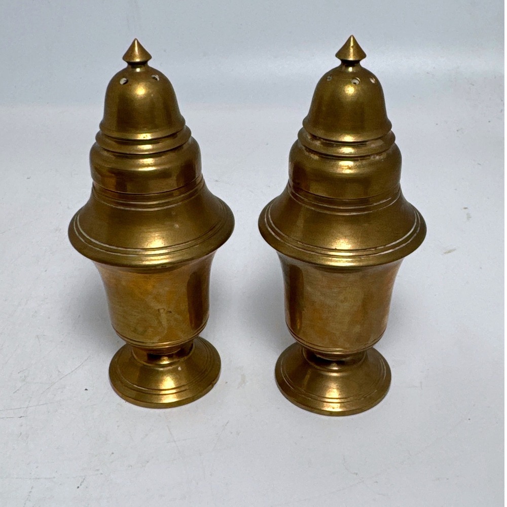 Vintage Brass Salt and Pepper Shakers Set Gold Pedestal Urn Style 4 Inch Good
